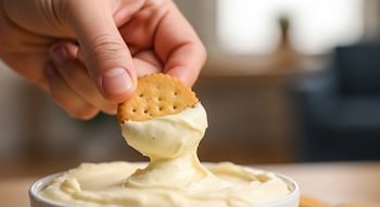 Primer plano de una mano sosteniendo y sumergiendo una galleta redonda en un tazón blanco lleno de un dip cremoso y amarillo claro.