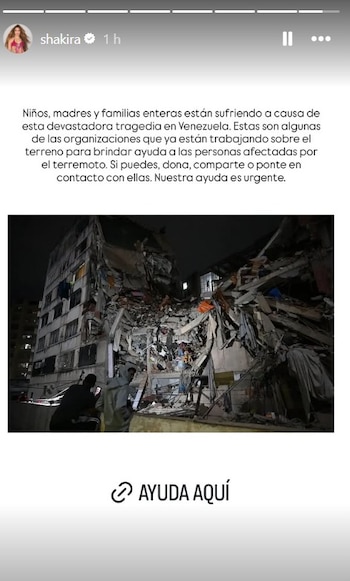 La cantante Shakira llama a donar para los afectados por los terremotos en Venezuela - crédito @shakira/IG
