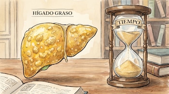 Ilustración de un hígado graso y un reloj de arena con la palabra 'TIEMPO' en una cinta. Se ven libros abiertos y un estante al fondo.