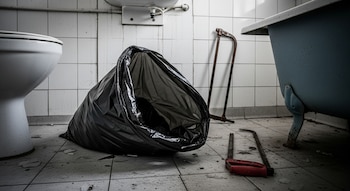 Un baño sucio con azulejos blancos, un inodoro, una bañera azul, una bolsa de basura negra abierta y dos sierras de metal oxidadas en el suelo.