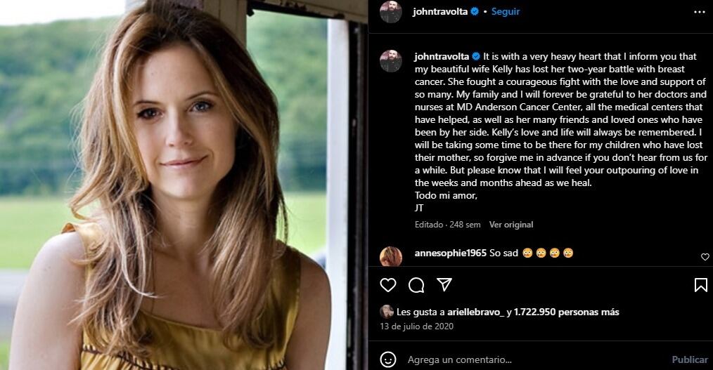 John Travolta anunció el fallecimiento de Kelly Preston a través de Instagram (Instagram/John Travolta)