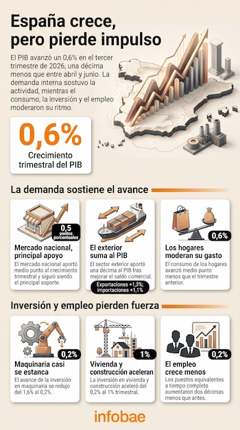 Infografía con el mapa de España, gráficos de barras y seis tarjetas con iconos y porcentajes sobre comercio, industria y empleo.