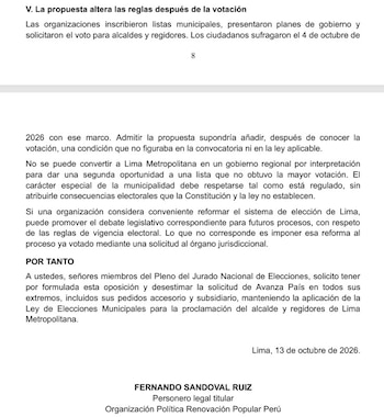 Fragmento de un documento impreso con texto en español y el nombre de Fernando Sandoval Ruiz de Renovación Popular