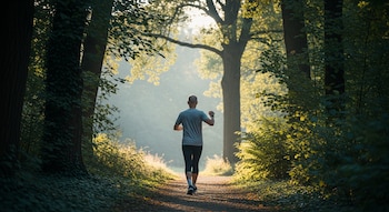 Un hombre de espaldas camina por un sendero en un bosque con árboles y vegetación densa; la luz del sol ilumina el fondo.