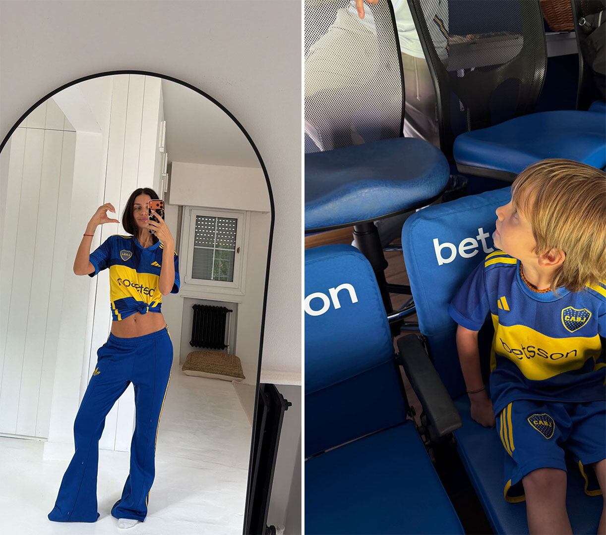 Zaira Nara mostró su look azul y oro y compartió la emoción con su hijo desde las tribunas de La Bombonera