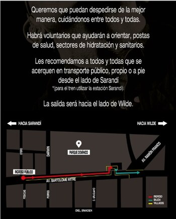 Mapa de ruta con instrucciones en español para un evento cerca de Parque Dominico. Muestra rutas de ingreso (rojo), salida (azul) y barreras (amarillo)