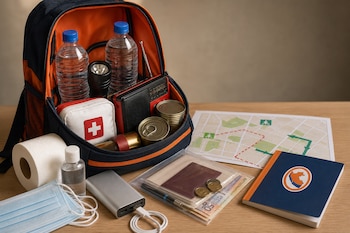 Mochila con botellas de agua, radio, botiquín y linterna, junto a mascarillas, dinero, batería externa, mapa y libreta sobre una mesa de madera.
