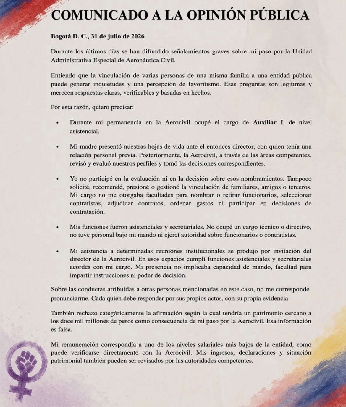 La activista digital, de 20 años, sostuvo que sus funciones fueron de apoyo y que no desempeñó un cargo técnico ni directivo - crédito @gabrielaa.muol/X