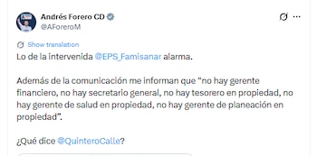 Esta fue la denuncia de Andrés Forero, en sus redes sociales, sobre la EPS Famisanar - crédito @AForeroM/X