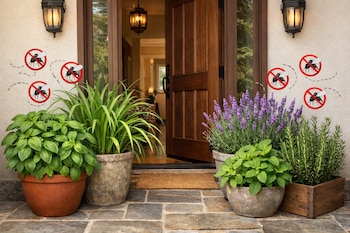 Entrada de una casa con puerta de madera abierta, rodeada de plantas en macetas: albahaca, lavanda, menta y romero, con gráficos de moscas tachadas en la pared.