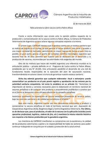 El comunicado de CAPROVE