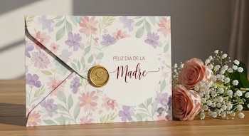 Tarjeta floral para el Día de la Madre con sello 'Mom', acompañada de dos rosas rosadas y gisófila sobre una mesa de madera.