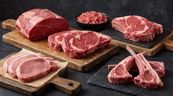 Carne de res cruda en cortes de lomo y molida, costillas de cordero y chuletas de cerdo sobre tablas de madera y pizarras.