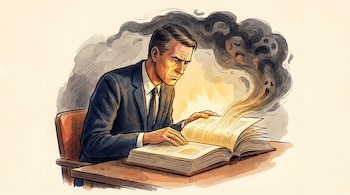 Ilustración en acuarela de un hombre en traje sentado ante un escritorio, leyendo un gran libro abierto del que emana luz y humo.