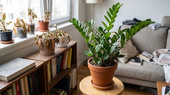 Primer plano de una zamioculca vibrante en una maceta. Al fondo, plantas marchitas en el alféizar de una ventana, una estantería de libros y un sofá en un departamento.