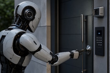Un robot humanoide blanco y gris toca la cerradura de una puerta oscura situada junto a un panel numérico y una cámara.