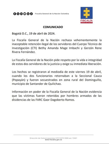 En el comunicado, la Fiscalía