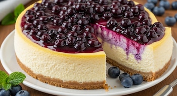 Cheesecake de arándanos entero con una porción removida sobre un plato blanco. Se aprecian arándanos y glaseado morado en la superficie, y un relleno cremoso.