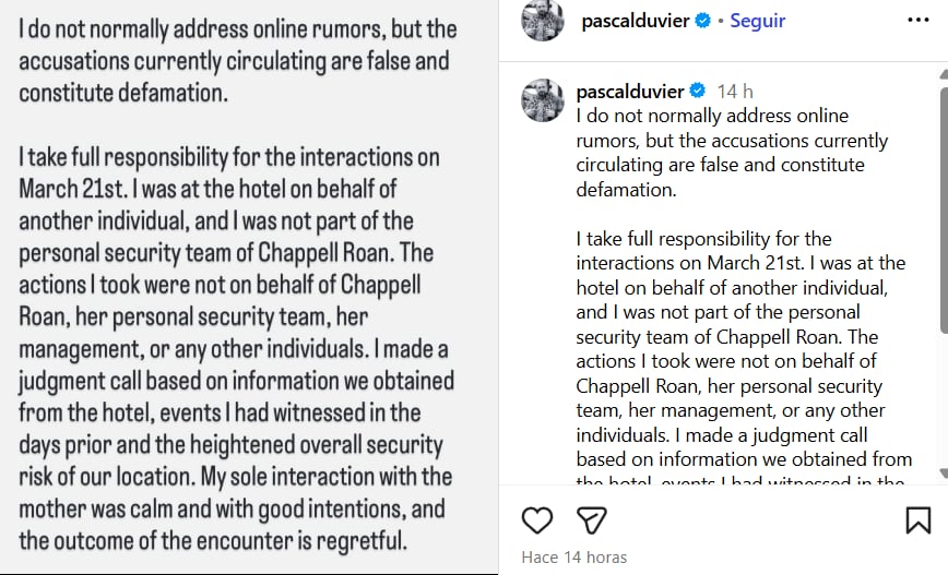 Duvier sostuvo que su decisión se basó en “información del hotel” (Créditos: Instagram/pascalduvier)