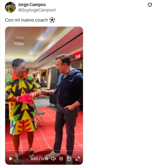 Jorge Campos compartió un encuentro con Ted Lasso, personaje de Jason Sudeikis, presentándolo como su “nuevo coach”. (X/ @SoyJorgeCampos1)