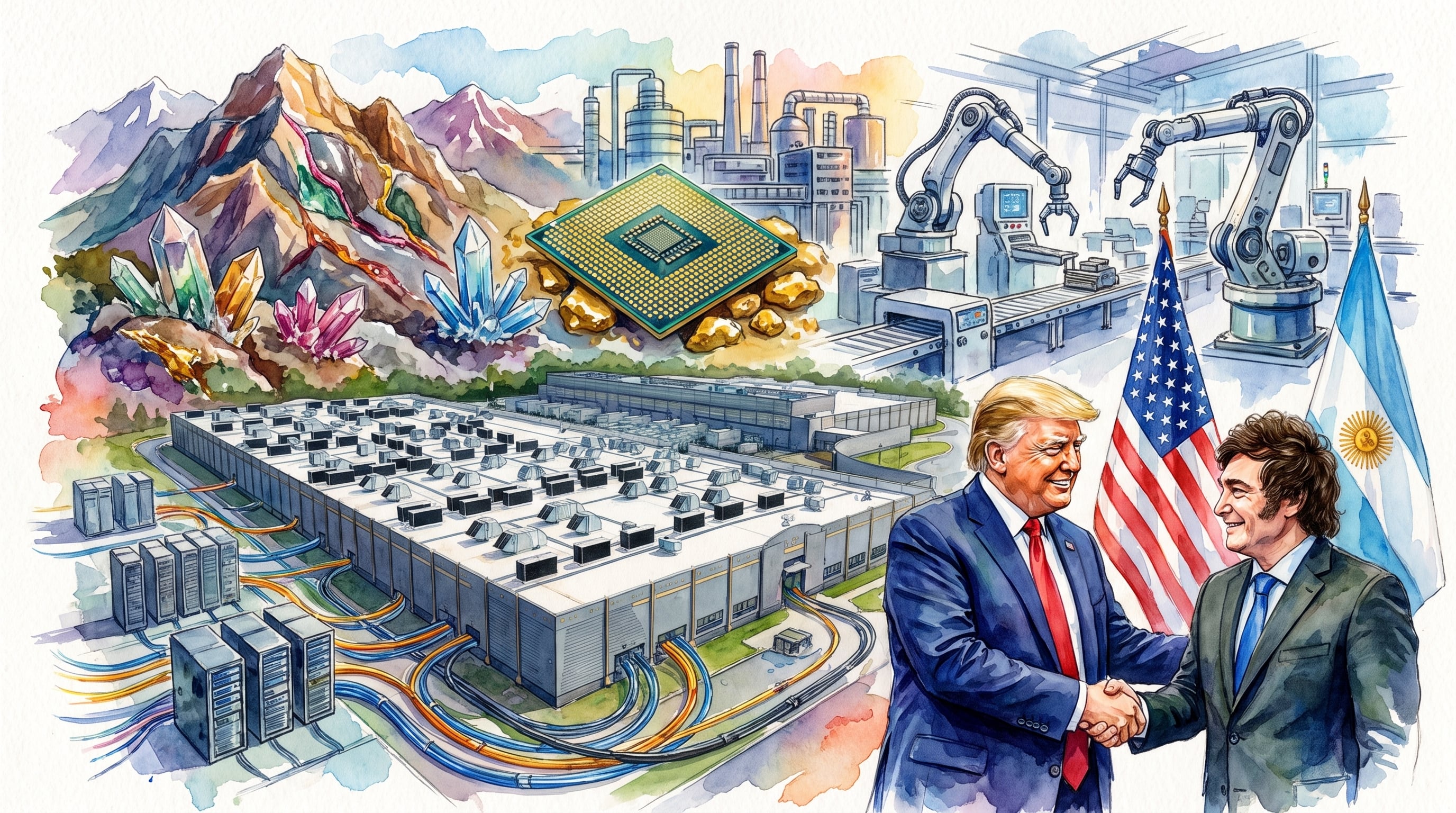 Donald Trump y Javier Milei se estrechan la mano, simbolizando la cooperación entre sus países en la cadena de valor de la inteligencia artificial y los insumos críticos (Imagen Ilustrativa Infobae)