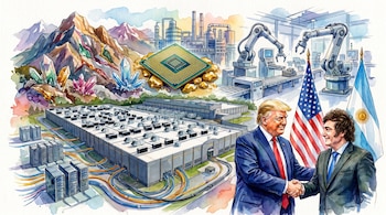 Donald Trump y Javier Milei, banderas de Estados Unidos y Argentina. Montañas, minerales, chip, fábrica, brazos robóticos, centro de datos con servidores.