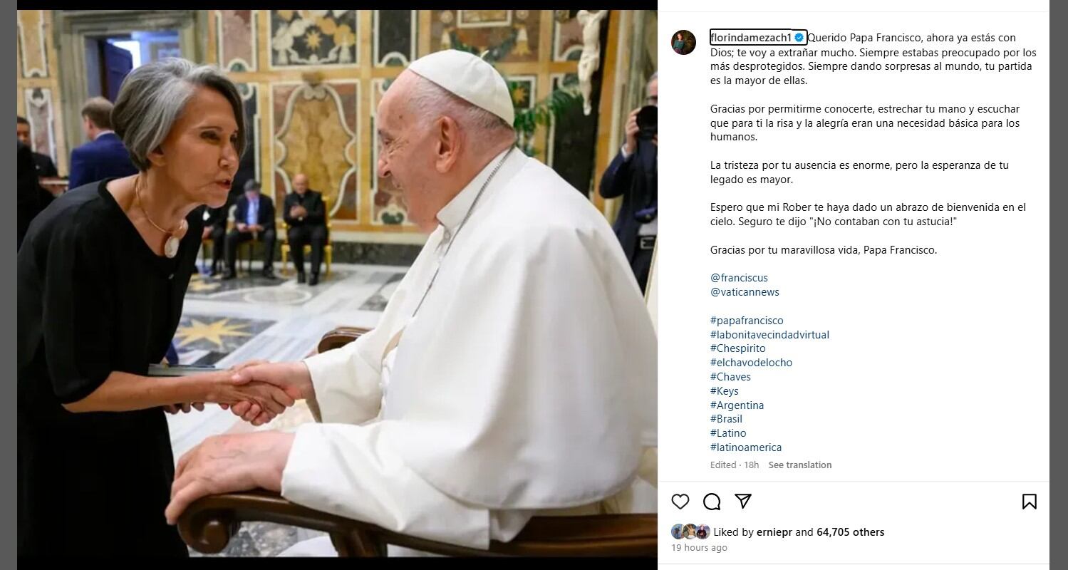 Florinda Meza utilizó sus redes sociales para rendir homenaje al Papa Francisco tras su fallecimiento en abril de 2025 (Recorte)