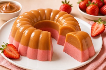 Una gelatina en forma de rosca con una capa de color caramelo y otra rosa, acompañada por fresas enteras y un tazón con dulce.