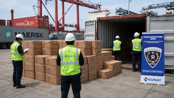 Agentes de Aduanas SUNAT con chalecos y cascos inspeccionan cajas apiladas junto a un contenedor abierto en puerto. Un cartel de Aduanas. Grúas y barcos al fondo