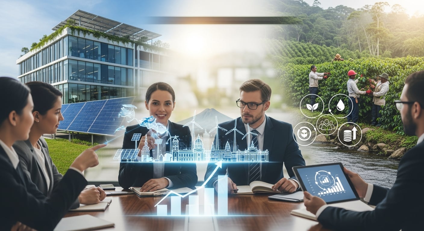 Profesionales de negocios analizan estrategias para la sostenibilidad empresarial, integrando energías renovables y agricultura en El Salvador. (Imagen Ilustrativa Infobae)