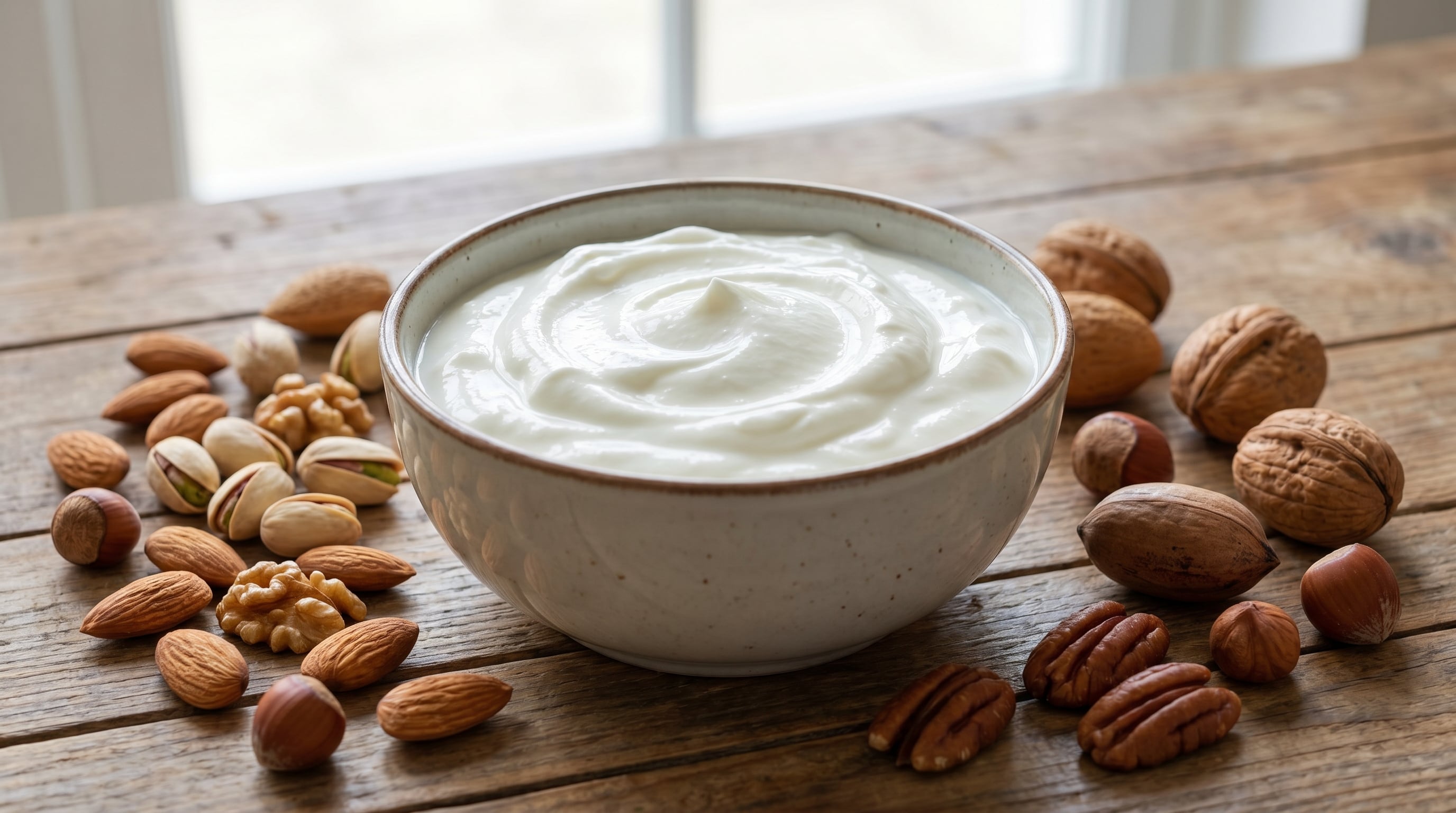 Un tazón de yogur griego natural, sin aderezos, rodeado de una selección de frutos secos como almendras, nueces, pistachos y avellanas, sobre una mesa de madera rústica, ofreciendo una opción nutritiva. (Imagen Ilustrativa Infobae)