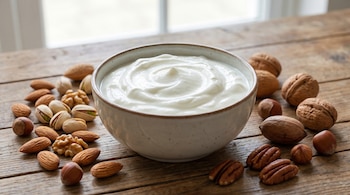 Un cuenco blanco con yogur griego cremoso sobre una mesa de madera. Rodeando el cuenco hay almendras, nueces, pistachos, avellanas y nueces pecanas.