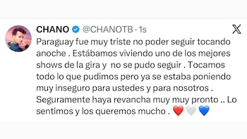 Captura de pantalla de una publicación en la red social X realizada por la cuenta verificada de CHANO sobre su concierto en Paraguay