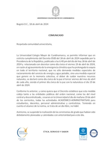 Comunicado de la institución sobre