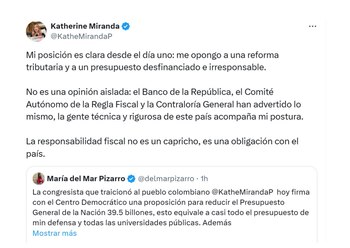 Katherine Miranda insistió en que la sostenibilidad fiscal debe estar garantizada para evitar un presupuesto “irresponsable” - crédito @KatheMirandaP/X