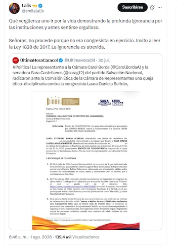 La congresista Lalis aseguró que la coadyuvancia de las congresistas Borda y Castellanos de una queja en su contra no procederá - crédito @smilelalis/X