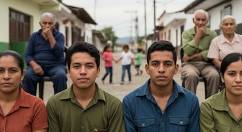 Primer plano de cuatro jóvenes, dos hombres y dos mujeres; dos adultos mayores sentados y tres niños jugando en una calle al fondo.