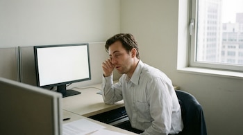 Un hombre con camisa a rayas claras está sentado en una silla de oficina frente a un escritorio con un monitor de computadora con pantalla blanca y papeles, frotándose el ojo.