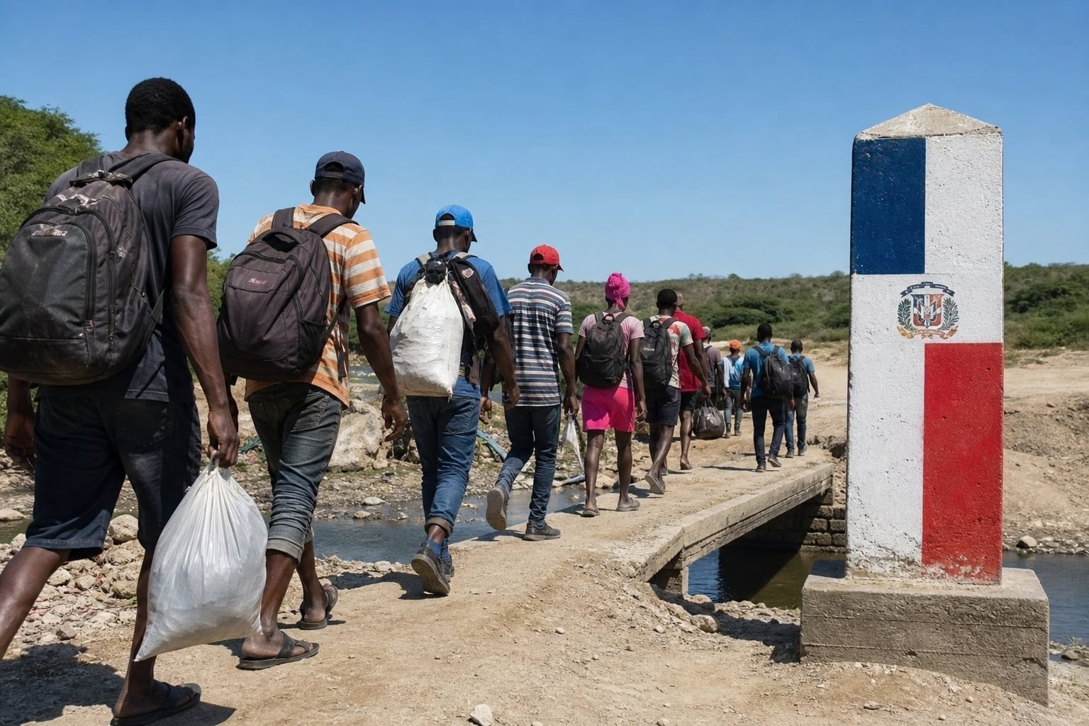 Un grupo de migrantes haitianos cruza un paso fronterizo a pie hacia el territorio de República Dominicana. (Imagen Ilustrativa Infobae)