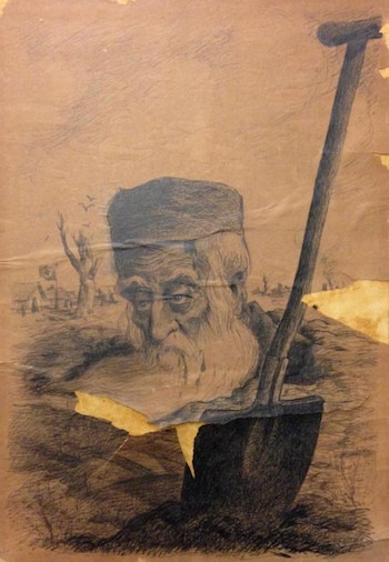 Ilustración a lápiz sobre papel deteriorado que representa a un anciano con barba junto a una pala en un campo con una bandera nazi al fondo