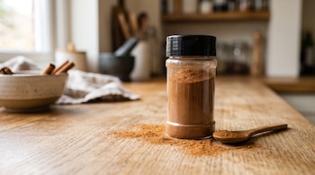 Un frasco cilíndrico con canela molida, polvo esparcido en la mesa de madera, una cuchara pequeña y un cuenco con ramas de canela.
