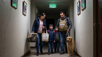 Familia de cuatro en pasillo con grietas bajo señal "SALIDA". Llevan perro con correa, gato en transportadora, mochila de emergencia y kit de mascotas.