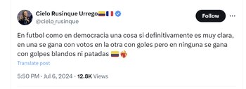 Cielo Rusinque comparó el fútbol con la democracia - crédito @cielo_rusinque/X