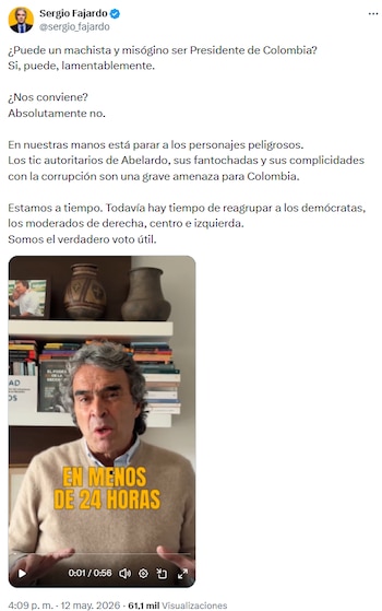 Sergio Fajardo acusó a Abelardo de la Espriella de misoginia y autoritarismo en medio de polémica electoral - crédito @sergio_fajardo/X