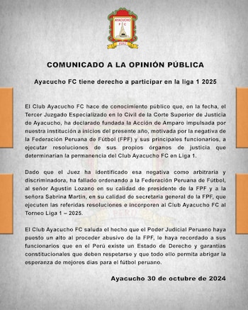 Comunicado de Ayacucho FC tras
