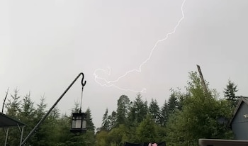 Un rayo brillante en un cielo gris nublado sobre un denso bosque verde con un poste metálico y una linterna colgando en primer plano