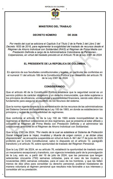 El Banco de la República ha expresado su preocupación ante el proyecto del Gobierno de Gustavo Petro, el cual busca normar la transferencia de fondos pensionales desde el Régimen de Ahorro Individual con Solidaridad (Rais) hacia Colpensiones - crédito Ministerio del Trabajo