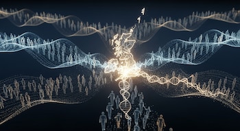 Visualización conceptual de figuras humanas translúcidas en ondas, moviéndose hacia un mapa estilizado de Gran Bretaña que se convierte en ADN y patrones orgánicos, en azul y dorado.