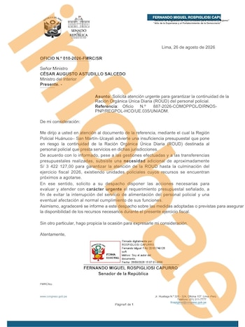 Oficio enviado por el senador Fernando Rospigliosi (Fuerza Popular) al ministro del Interior, César Astudillo, por la falta de presupuesto para la alimentación de agentes de la PNP. (Foto: Composición - Infobae Perú)