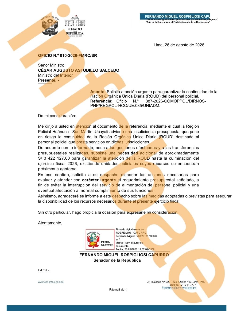 Oficio enviado por el senador Fernando Rospigliosi (Fuerza Popular) al ministro del Interior, César Astudillo, por la falta de presupuesto para la alimentación de agentes de la PNP. (Foto: Composición - Infobae Perú)